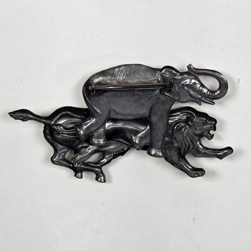 Vintage Metal Antique Bronze Finish Lion Zebra Elephant Pin / Brooch